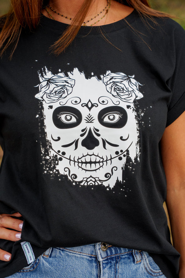 Tee-shirt tête de mort noir femme