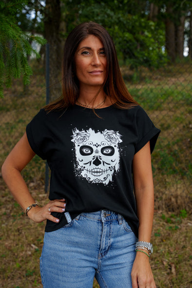 Tee-shirt tête de mort noir femme