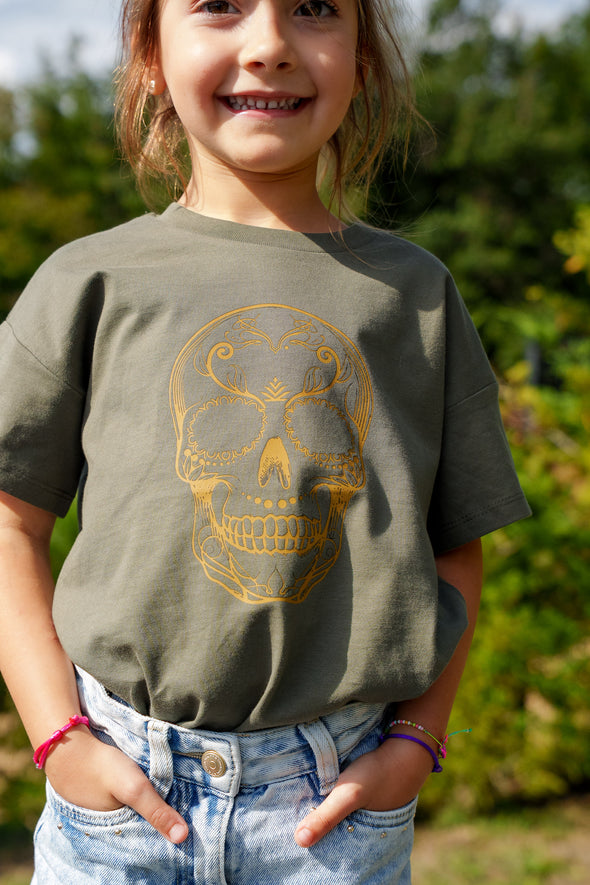 Tee-shirt kaki tête de mort enfant