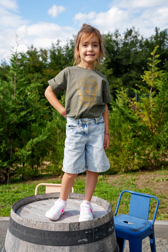 Tee-shirt kaki tête de mort enfant