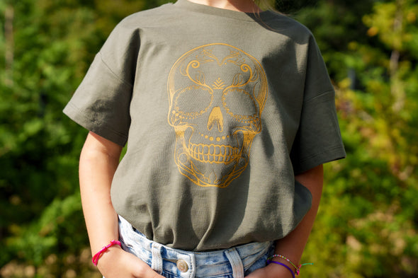 Tee-shirt kaki tête de mort enfant